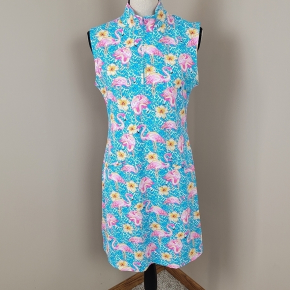 IBKUL Pink Flamingo/Floral Print Mock Neck Zip Sleeveless Golf Dress Sz M - Picture 3 of 14